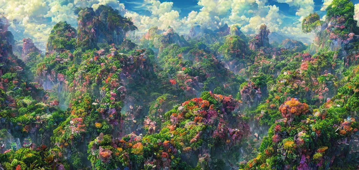 Image similar to the landscape of an unimaginable and beautiful place with all types of colorful vegetation in the clouds, beyond the physical realm, an ultrafine hyperdetailed illustration by kim jung gi, irakli nadar, intricate linework, bright colors, octopath traveler, final fantasy, unreal engine 5 highly rendered, global illumination, radiant light, detailed and intricate environment