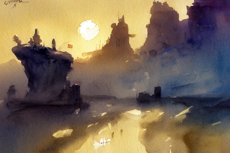 Image similar to small centered on watercolor paper, paint brush strokes, abstract watercolor painting of foggy dawn, ancient arabian rural sand castle, cinematic light, national romanticism by hans dahl, by jesper ejsing, by anders zorn, by greg rutkowski, by greg manchess, by tyler edlin