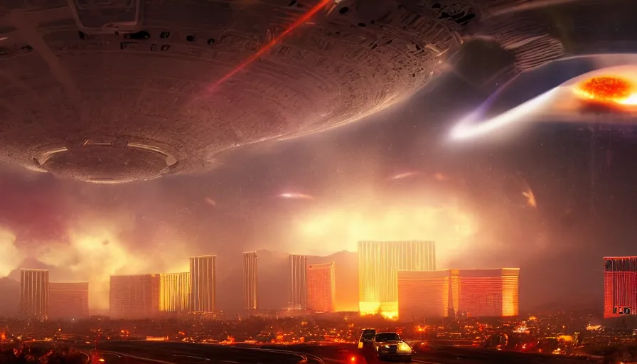 Image similar to humongous ufo upon las vegas destroying the city with alien laser, destruction, explosion, fire, smoke columns, ashes, hyperdetailed, artstation, cgsociety, 8 k