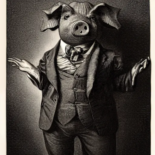 Image similar to detailed portrait of a creepy pig in a tuxedo, dramatic light, Chiaroscuro, dark, illustration by Paul Gustave Doré