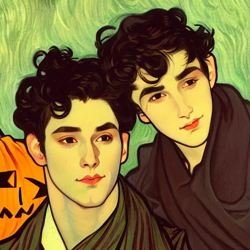 Image similar to painting of young cute handsome beautiful dark medium wavy hair man in his 2 0 s named shadow taehyung and cute handsome beautiful min - jun together at the halloween! party, bubbling cauldron!, candles!, smoke, autumn! colors, elegant, wearing suits!, delicate facial features, art by alphonse mucha, vincent van gogh, egon schiele