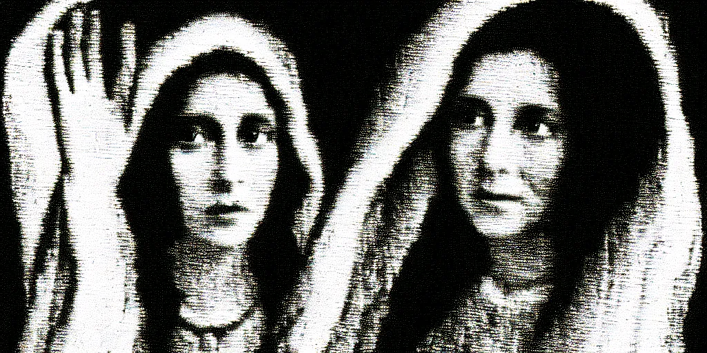 Image similar to vhs static overlay of marian apparition, vhs, 1 9 9 0, highly realistic, highly detailed, vhs noise static, black and white, vhs glitch