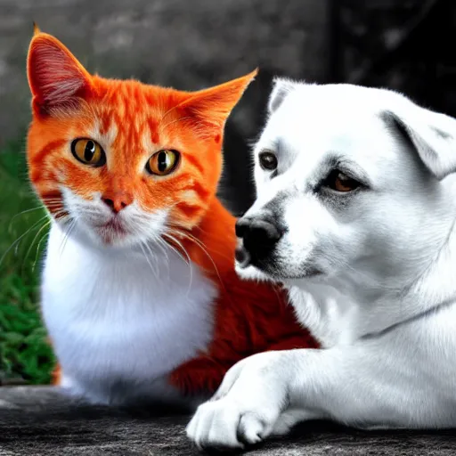 Image similar to an orange cat looking suspiciously at a white dog. photograph. digital art.