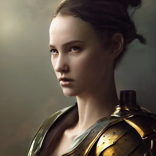 Image similar to attractive aesthetically pleasing young woman portrait, partially clothed in metal-plated battle armor, atmospheric lighting, painted, intricate, volumetric lighting, beautiful, golden hour, sharp focus, ultra detailed, by Leesha Hannigan, Ross Tran, Thierry Doizon, Kai Carpenter,Ignacio Fernández Ríos