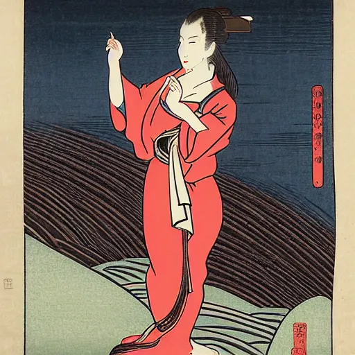 Image similar to Kaitlyn Michelle Siragusa, better known as Amouranth, full body portrait, by Katsushika Hokusai, Ukiyo-e style