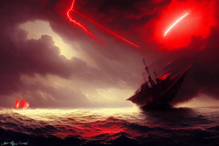 Prompt: A beautiful matte painting of huge spherical alien spaceship attacking with powerful red lasers a Sailship in ocean in thunderstorm by Greg Rutkowski and Ivan aivazovsky