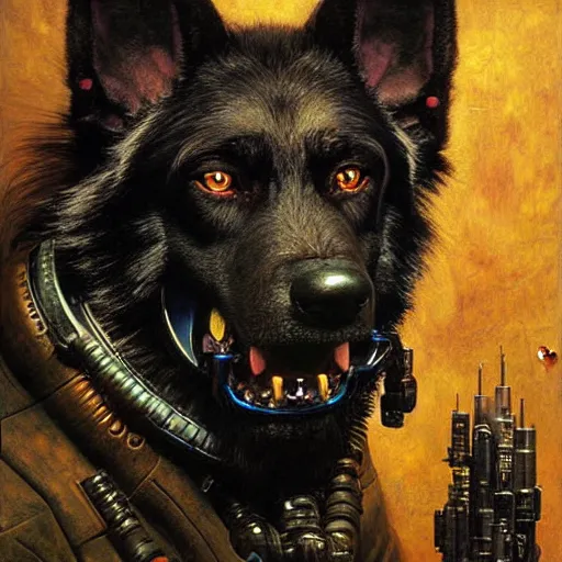 Prompt: a portrait of a black german shepard orc dogman canine neuromancer with human eyes serious looking holding computer console. shadowrun cyberpunk fantasy d & d highly detailed painting by gaston bussiere craig mullins jc leyendecker gustav klimt artgerm greg rutkowski