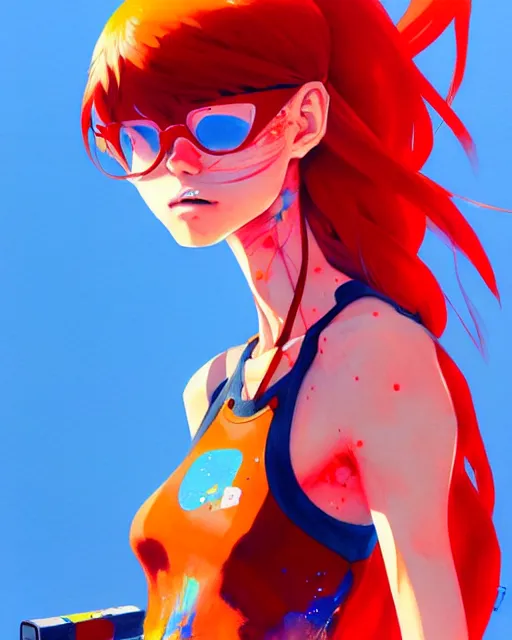 Image similar to a ultradetailed painting of a asuka langley, she is wearing a tank top by conrad roset, greg rutkowski and makoto shinkai trending on artstation