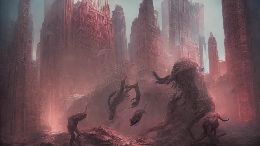 Image similar to there is a monster problem in Chicago, by Wayne Barlowe and Alan Bean and Bekzinski and Beeple