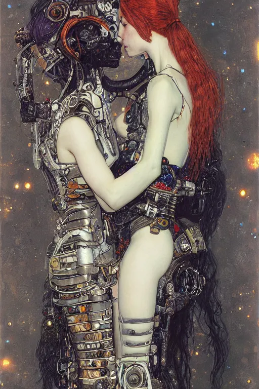 Image similar to portrait of two beautiful young gothic cyborg maidens kissing, cyberpunk, Warhammer, highly detailed, artstation, illustration, art by Gustav Klimt