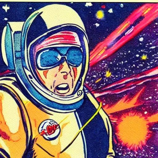 Image similar to a vintage anime 70s comic book watercolor of Alex Jones in space