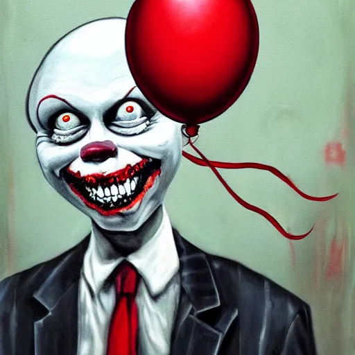 Image similar to grunge painting of donald trump with a wide smile and a red balloon by chris leib, loony toons style, pennywise style, corpse bride style, horror theme, detailed, elegant, intricate