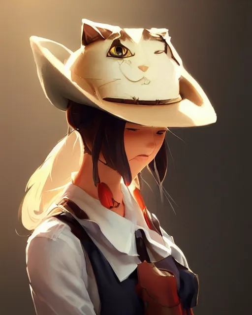 Prompt: a very cute cowgirl wearing a cat hat, medium shot, ambient lighting, visible and detailed face, by makoto shinkai, stanley artgerm lau, wlop, rossdraws