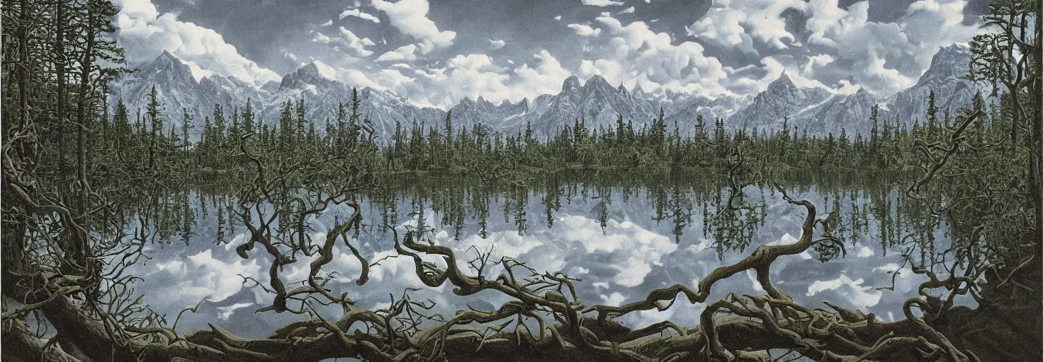 Image similar to escher painting of a lake, big trees reflecting on lake surface, mountains at background, snowy, ultra sharp, ultra detailed, dark emotion, colorized by salvador