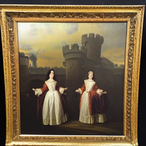 Prompt: oil on canvas painting. two women in a vast castle lobby wearing fine clothes. dark room with light coming through the right side of the place. baroque style 1 6 5 6. high quality painting, no distortion at all.
