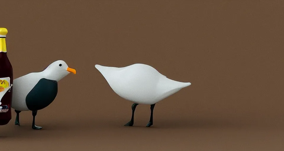 Image similar to seagull drinking a bottle of soy sauce, clay animation, highly detailed