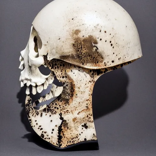 Image similar to symmetrical product photograph of a highly detailed ominous helmet made from fragmented bone and obsidian, damaged