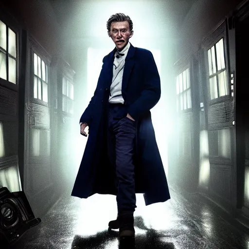 Image similar to tom holland as a rough dirty old man with a scruffy beard in a dark blue trenchcoat as the new doctor who, cinematic, volumetric lighting, f 8 aperture, cinematic eastman 5 3 8 4 film, photorealistic