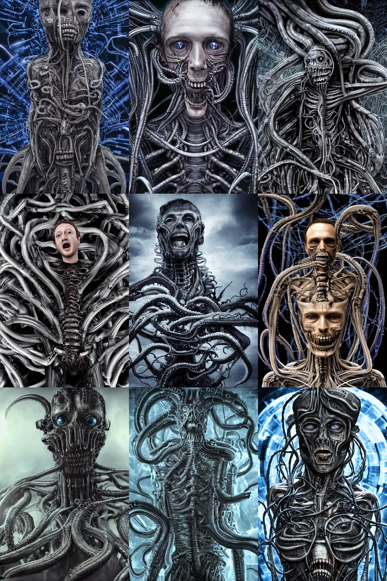Prompt: mark zuckergberg in the style of h. r giger as a cyborg with flailing tentacles made of ethernet cables, inhaling the souls of humanity, epic sky, ultra detailed photograph, depth of field, bokeh