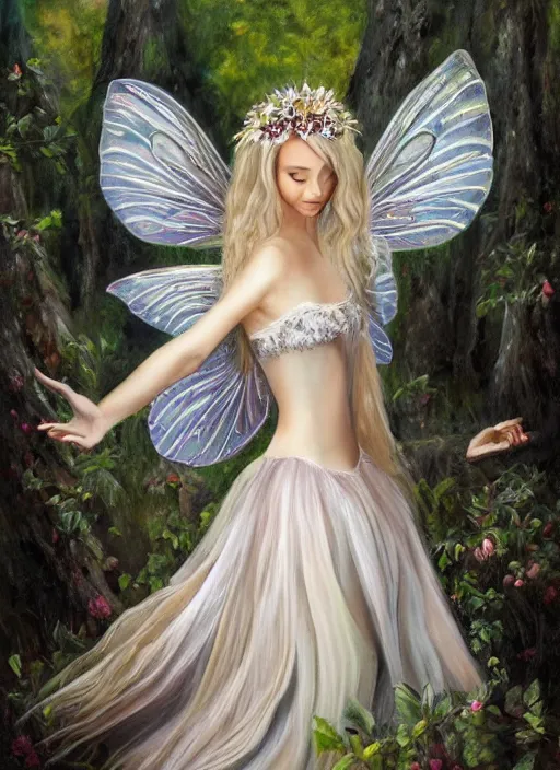 Prompt: beautiful oil painting full body portrait of fairy princess princess soft skin silver hair standing in forest, wings, diadem