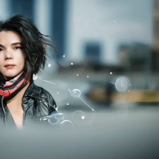 Image similar to photograph of a techwear woman, closeup, on a desert road with a futuristic city in the horizon, long exposure, sigma 85mm f/1.4, 4k, depth of field, high resolution, 4k, 8k, hd, full color