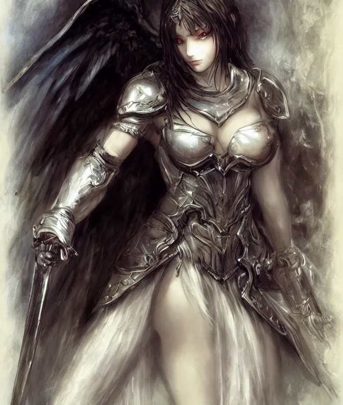 Image similar to Concept art, angel knight gothic girl, artstation trending colaboration with Joseph Mallord William Turner and Luis Royo, highly detailded