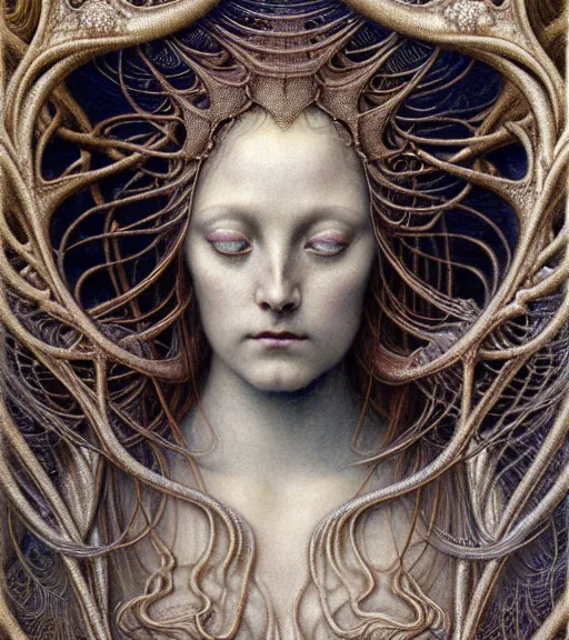 Prompt: detailed realistic beautiful pearlescent goddess face portrait by jean delville, gustave dore, iris van herpen and marco mazzoni, art forms of nature by ernst haeckel, art nouveau, symbolist, visionary, gothic, neo - gothic, pre - raphaelite, fractal lace, intricate alien botanicals, biodiversity, surreality, hyperdetailed ultrasharp octane render