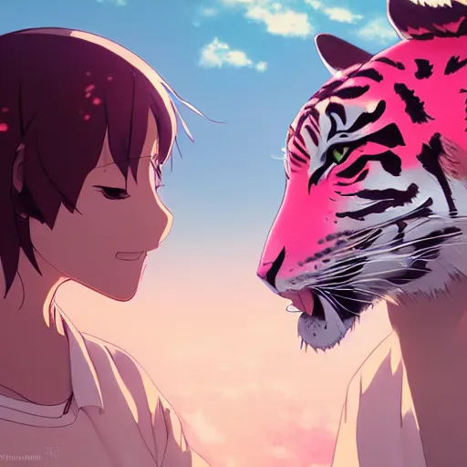 Image similar to a pink tiger, illustration concept art anime key visual trending pixiv fanbox by wlop and greg rutkowski and makoto shinkai and studio ghibli and kyoto animation symmetrical facial features