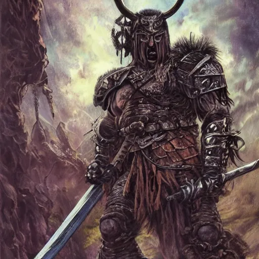 Prompt: a photorealistic painting of Conan the slayer , in a horned helmet and ironpunk death metal armor, wielding an axe, extremely muscular male fantasy hero, extremely detailed, mixed media style comic book artwork, artstation, medieval fantasy art, sharp focus, perfectly symmetrical facial features, melancholy lighting, art by Barry Windsor-Smith and Bill Sienkiewicz , hyperrealism, golden ratio, hyperdetailed, heavily detailed and intricate