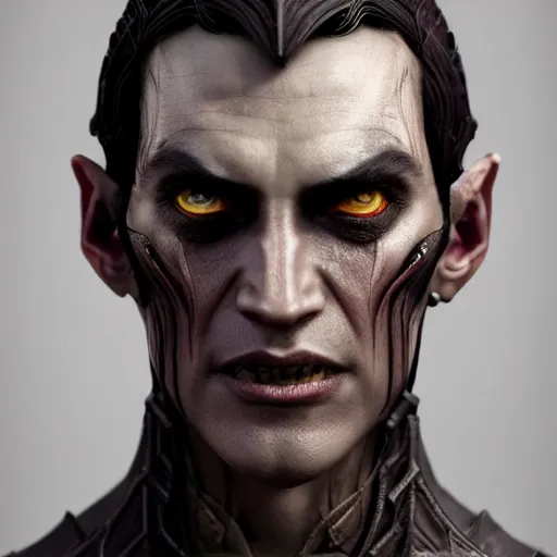 Image similar to hyperrealistic mixed media image of demon daedric prince from skyrim, dark complexion, stunning 3 d render inspired art by greg rutkowski and xiang duan and thomas eakes, perfect facial symmetry, flesh texture, realistic, highly detailed attributes and atmosphere, dim volumetric cinematic lighting, 8 k octane detailed render, post - processing, masterpiece,