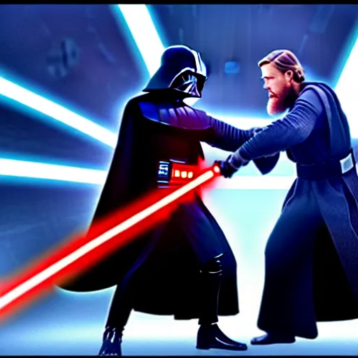 Image similar to ultra detailed picture of a fight between darth vador and obi wan kenobi where they each have only one lightsaber in their hand, unreal engine, extremely detailed, epic, dark, highly realistic, beautiful, ultra hd, extremely realistic faces