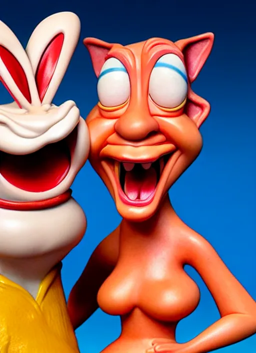 Prompt: ren and stimpy wax sculptures, hyper realistic, extreme detail, 8 k, meryl streep, life - sized