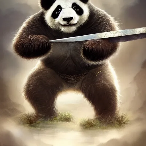 Image similar to very cute and happy warrior panda in armor, eerie, intricate, highly detailed, sorrow, dramatic, emotional, proud, matte painting, award - winning art, cute, happy, trending on artstation, digital art, 8 k