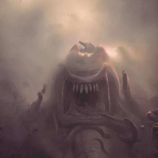 Image similar to Giant smoke monster with large teeth coming out of the ground, made of thick swirling smoke, mist, air particles, sandstorm, dramatic lighting, Byzantine ruins, surrounded by priests, worshipers, desert, cinematic, trending on artstation