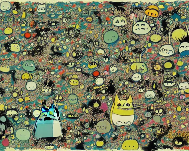 Image similar to abstract expressionism. a still from my neighbor totoro, re imagined in the style of jackson pollock. surrealism, dadaism, ghibli