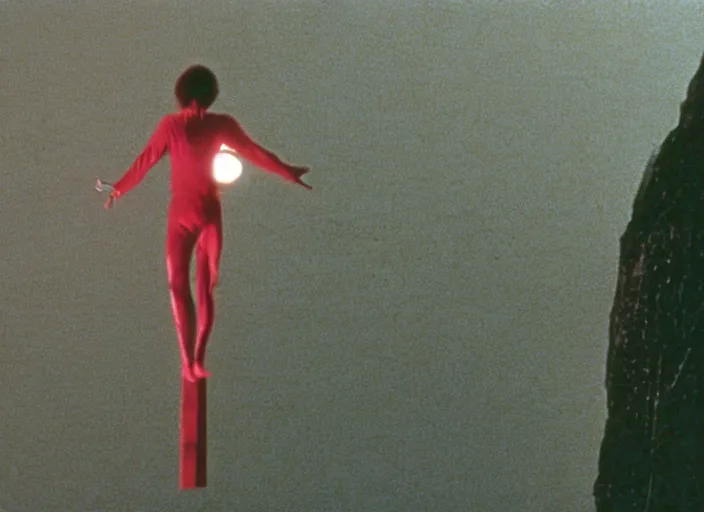 Image similar to a still from a color 1 9 8 5 film with a man floating 1 0 feet above the ground at night with a single raised arm, rear shot