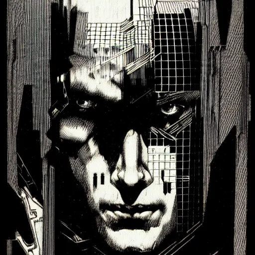 Prompt: cyberpunk portrait, by bernie wrightson, etching, screen print, sharp,