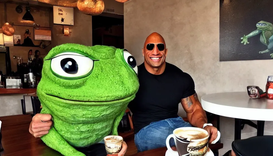Prompt: dwayne johnson and a giant pepe the frog sitting in a coffee shop, having breakfast, pepethefrog, pepe, frog, toad, realistic, award winning photography, 8 k,