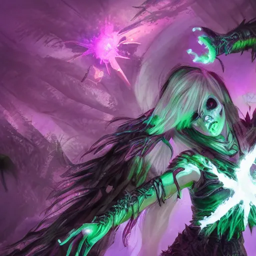 Prompt: a female necromancer is summoning her undead army in a forest, her hand emit a green vapour, dynamic pose, chromatic aberration , medium level shot, Grim fantasy, illustration ,digital painter, concept art,