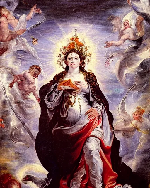 Image similar to a painting of the high priestess tarot card by peter paul rubens