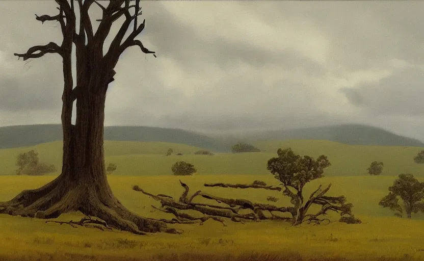 Prompt: A moody painting of an overcast day, clouds, rolling hills, tree stump, Wes Anderson, Peter Ilsted