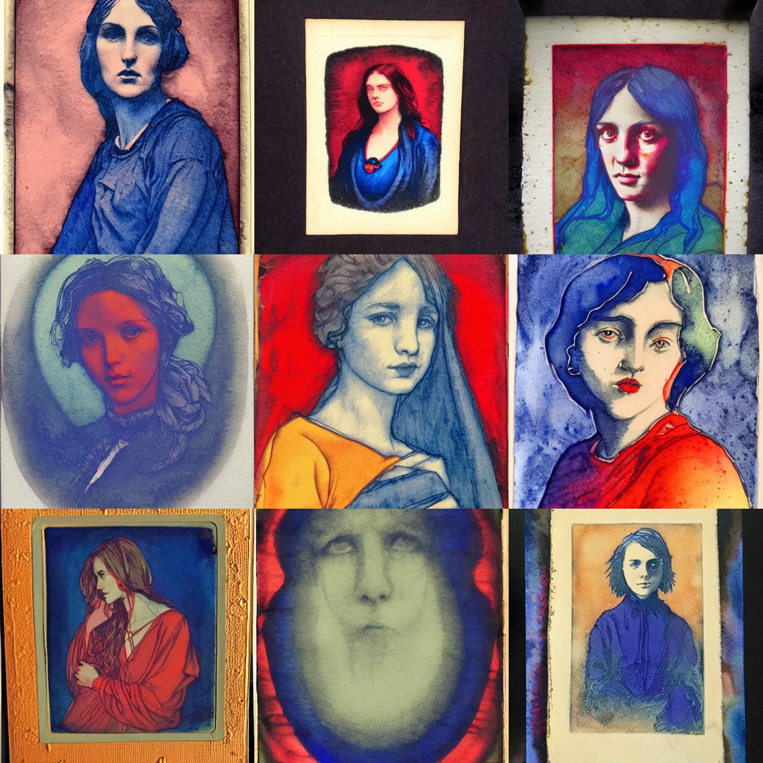 Prompt: luminist chiaroscuro ambrotype etching portrait!!!!!!, vibrant colors, cobalt blue and pyrrol red, art nouveau, watercolor wash over inks