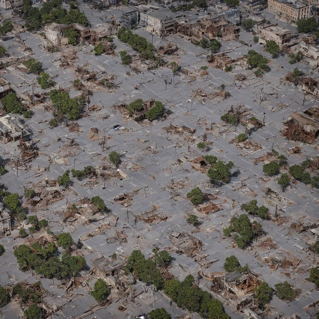 Image similar to top down aerial view of dilapidated city square in real life, desolate with zombies, dilapidated, zombies in the streets, nightmarish, some rusted style parked vehicles, sunny weather, few clouds, volumetric lighting, photorealistic, daytime, autumn, sharp focus, ultra detailed, cgsociety