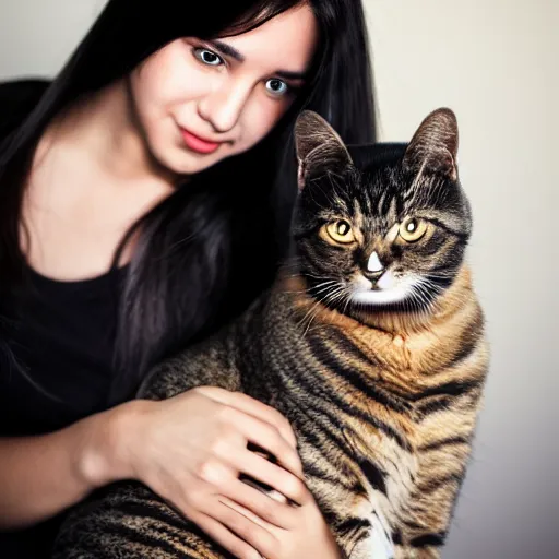 Prompt: a young adult woman with long dark hair, big and shiny black eyes and her tabby cat, a stock photo by juan villafuerte, pexels contest winner, high quality photo, rtx, hd, tumblr contest winner, anime, pretty, sensual