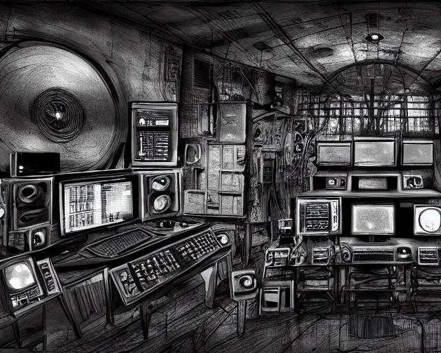 Prompt: inside the control room of the nightmare factory by bill siekniewicz, greyscale,