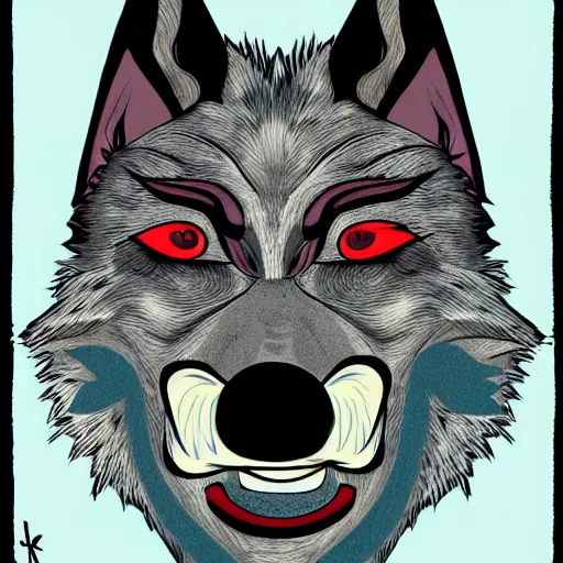 Image similar to portrait of ugly wolf, retarded, eyes in different directions, rabies, propaganda style, vivid colors