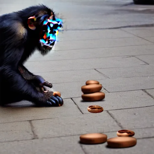 Image similar to a chimpanzee picking up pennies on a street in manhattan, depth of field, breathtaking, detailed and intricate environment, 8 k resolution, hyperrealistic