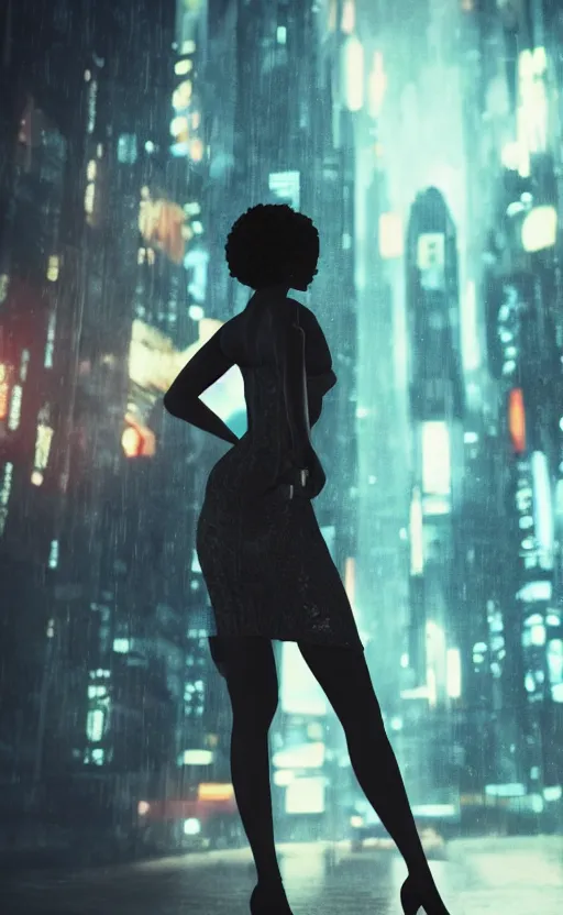 Prompt: Elegant Black woman in dress and heels, hold a gun, back to us, looking at a futuristic Blade Runner city” 8K