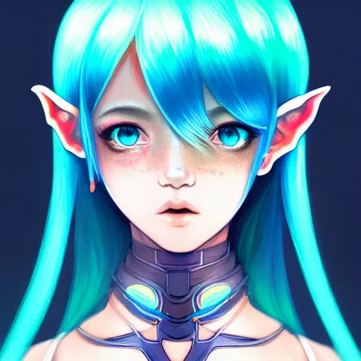 Image similar to art championship winner trending on artstation portrait of a goddess elven mecha warrior princess, head and shoulders, blue hair, matte print, pastel neon, cinematic highlights, lighting, digital art, cute freckles, digital painting, fan art, elegant, pixiv, by Ilya Kuvshinov, daily deviation, IAMAG, illustration collection aaaa updated watched premiere edition commission ✨✨✨ whilst watching fabulous artwork \ exactly your latest completed artwork discusses upon featured announces recommend achievement