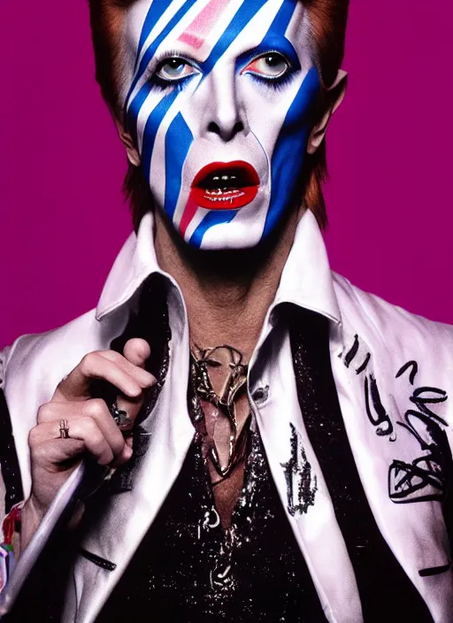 Image similar to what if david bowie was the lead singer of the band kiss, realistic, photograph, high definition, 4 k, soft lighting